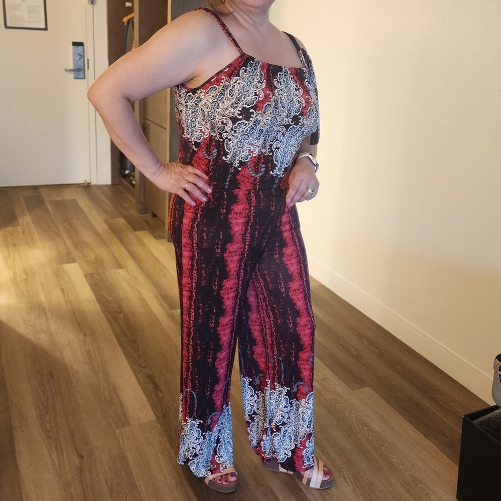 Red & Black Silk Paisley Print Adjustable Straps Women's Jumpsuit  Size M
